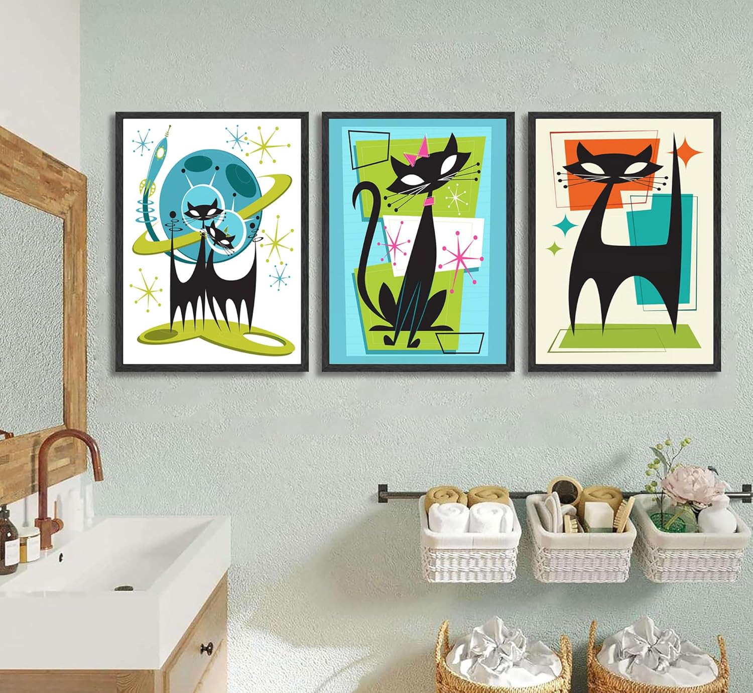 3pcs Futuristic Atomic Cats Canvas Wall Art Whimsical Funny Abstract Cat Posters Prints Modern Medieval Geometry Wall Decor Pictures for Living Room Bedroom Home Decoration Unframed