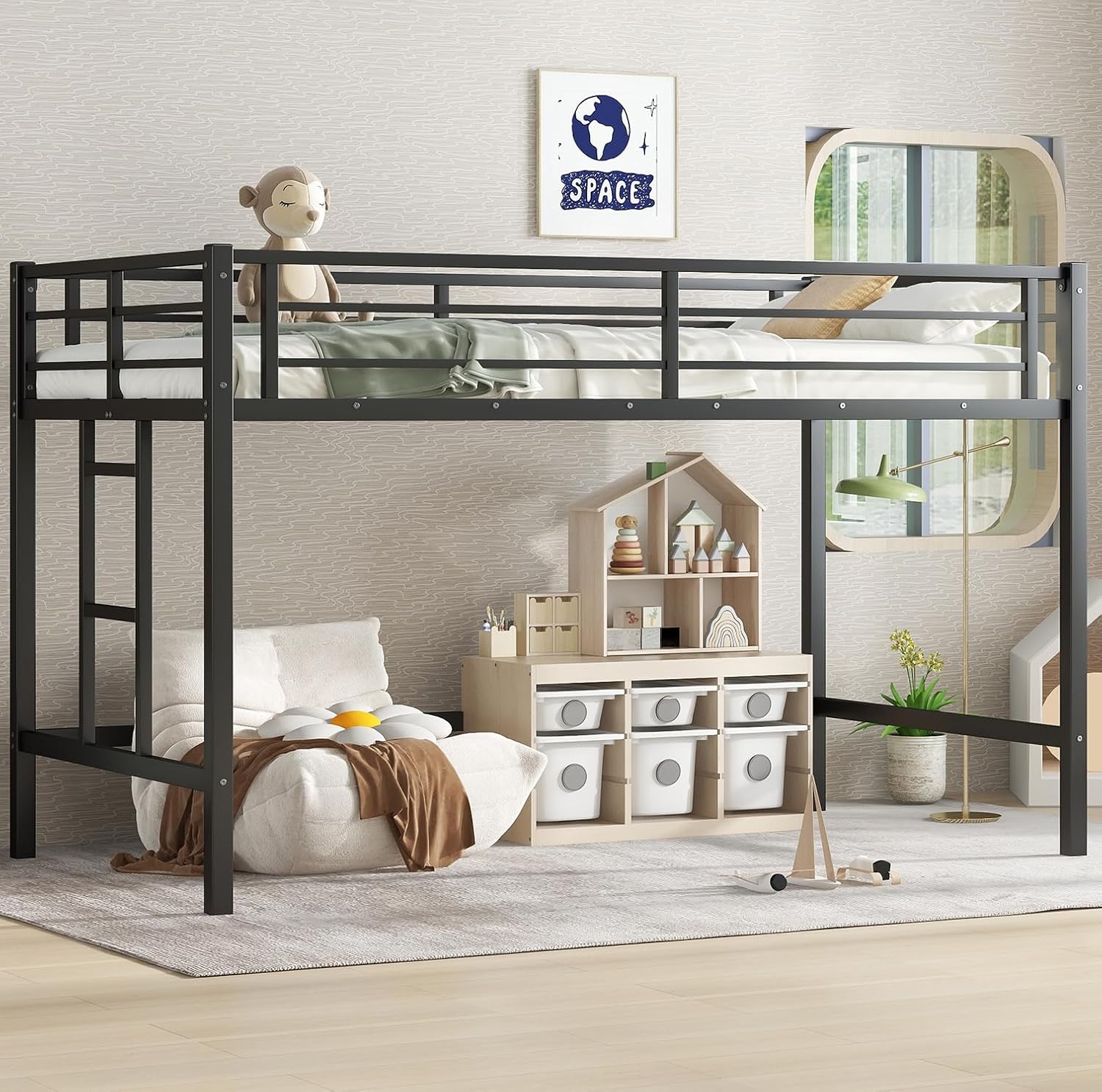Black Low Loft Bed Twin Size,Metal Twin Loft Bed with Ladder and Guardrails for Boys & Girls Bedroom & Dorm,Space Saving Design No Box Spring Needed Easy Assemble (Twin)