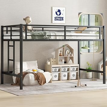 Black Low Loft Bed Twin Size,Metal Twin Loft Bed with Ladder and Guardrails for Boys & Girls Bedroom & Dorm,Space Saving Design No Box Spring Needed Easy Assemble Twin