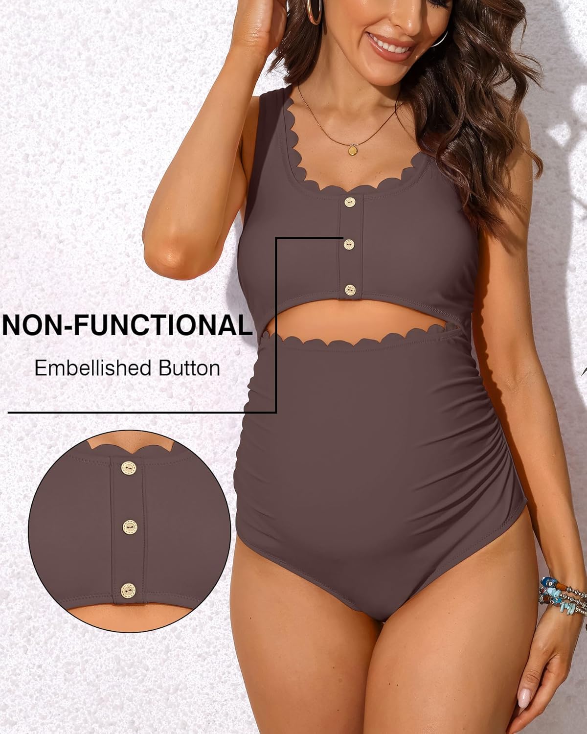Charmo Maternity One Piece Swimsuit Scalloped Cut Out Ruched High Waisted Scoop Neck Pregnancy Bathing Suit - Image 4