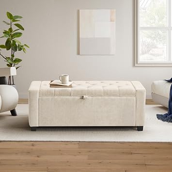 SUNWAVE Storage Ottoman Bench, Linen Fabric Ottoman with Storage, End of Bed Storage Bench with Button Tufted & Safety Hinge Lid, Large Ottoman for Bedroom, Living Room & Entryway