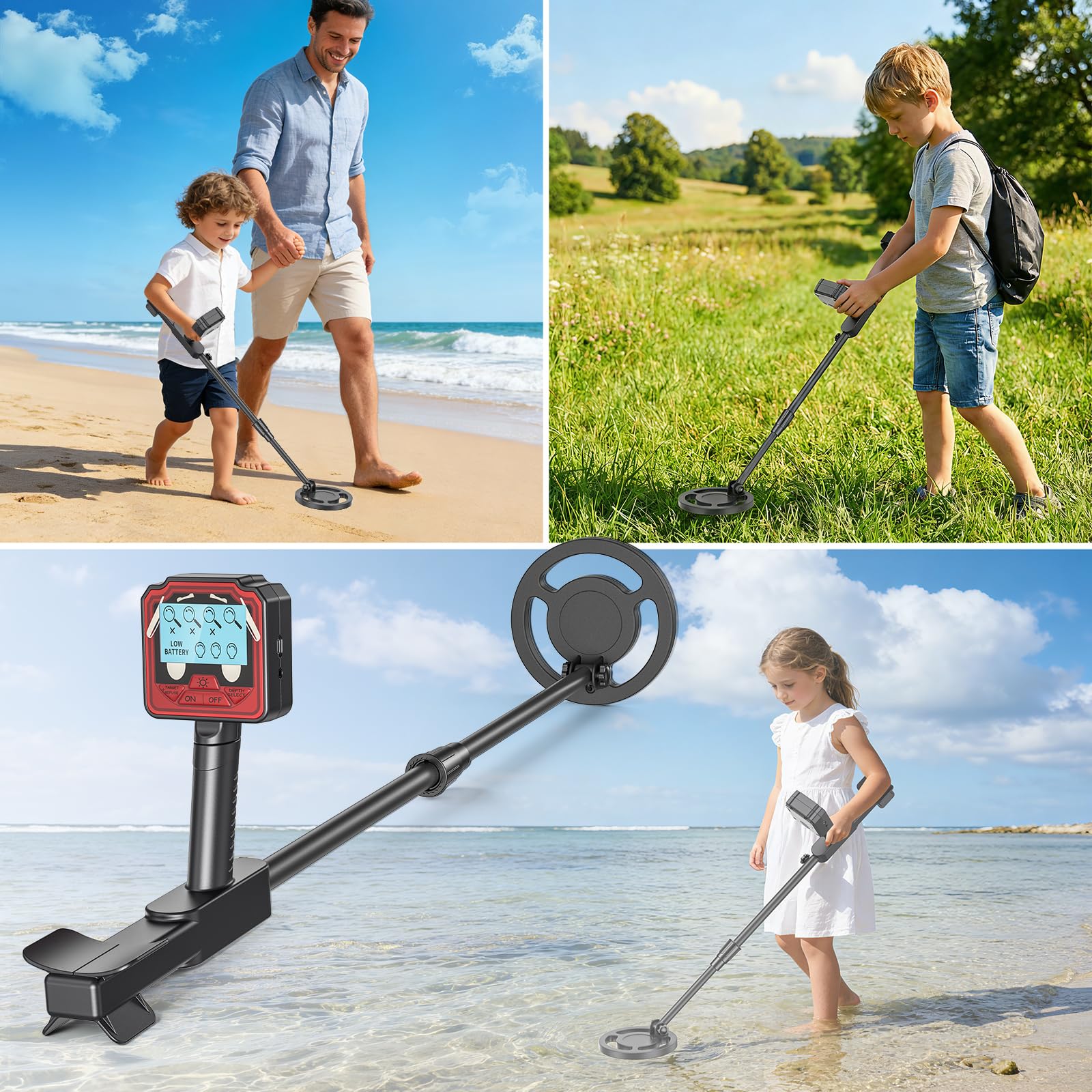 Détecteur de Métaux Enfant avec Tige Réglable, 2 Modes, Écran LCD, Bobine étanche, Haute Sensibilité