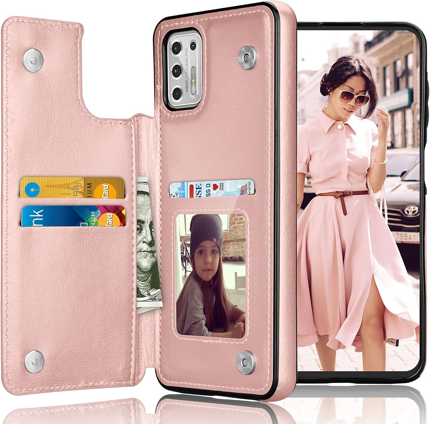 Tekcoo Wallet Case for Motorola Moto G Stylus (2021) 4G Premium Minimalist PU Leather ID Cash Credit Card Holder Slots Magnetic Closure Kickstand Flip Folio Slim Hard Protective Cover [Rose Gold]