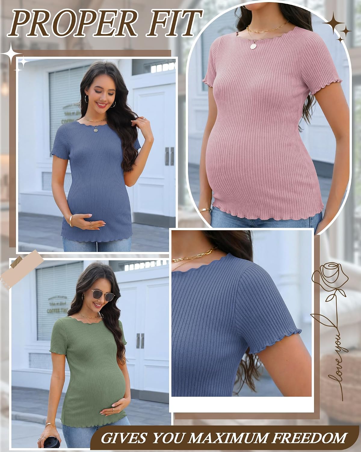 3 Pack Women's Maternity Ribbed Shirts Cotton Short Sleeve Pregnancy Tops Boat Neck Lettuce Trim Mama Clothes