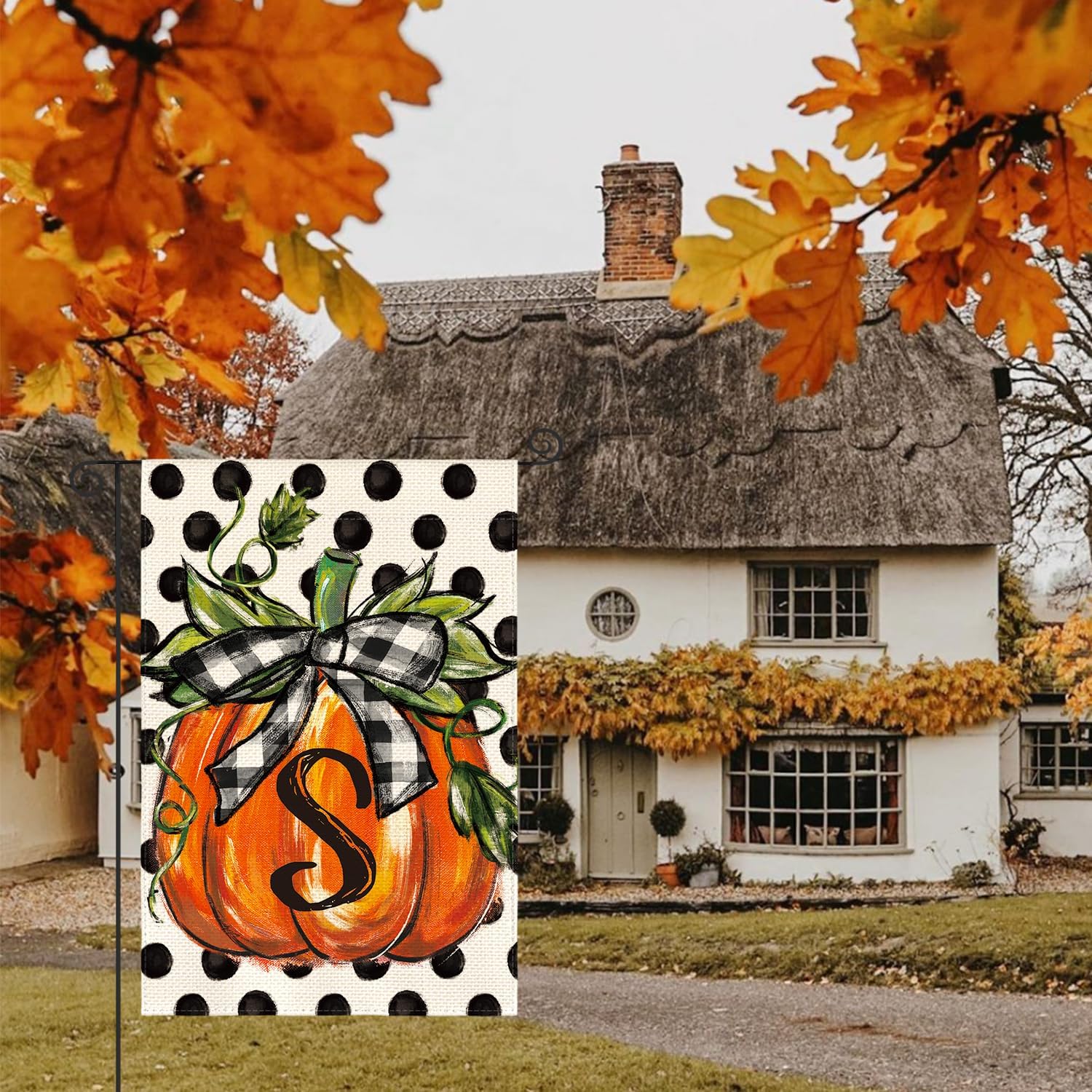 AVOIN colorlife Fall Monogram Letter S Garden Flag Polka Dot Pumpkin 12x18 Inch and 28x40 Inch Double Sided Outside, Small Burlap Family Last Name Initial Yard Decoration Set of 2