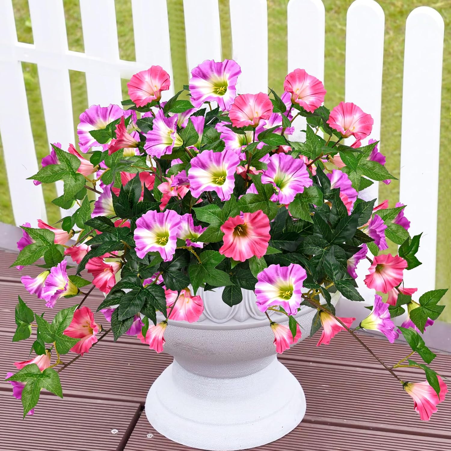 Artificial Flowers for Outdoors with 120 Blooms, Faux Silk Flowers for Outside, UV Resistant Fake Petunias Plants for Hanging Baskets Fence Patio Balcony Garden Cemetery (Purple Red 4 Packs New)