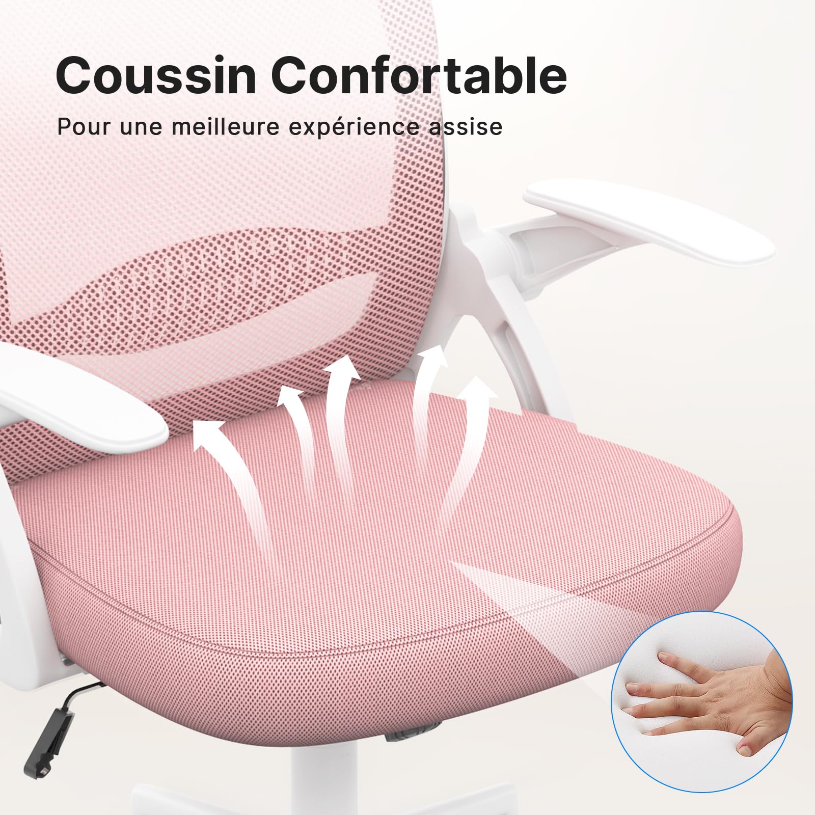 Naspaluro Chaise de Bureau avec Accoudoir Relevable, Soutien Lombaire, Dossier 45 cm Rose