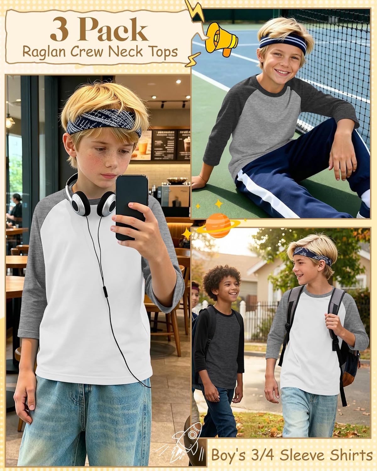 3 Pack Boy's Baseball Shirts 3/4 Sleeve Raglan Crew Neck Tops Athletic Casual Jerseys 5-14 Old