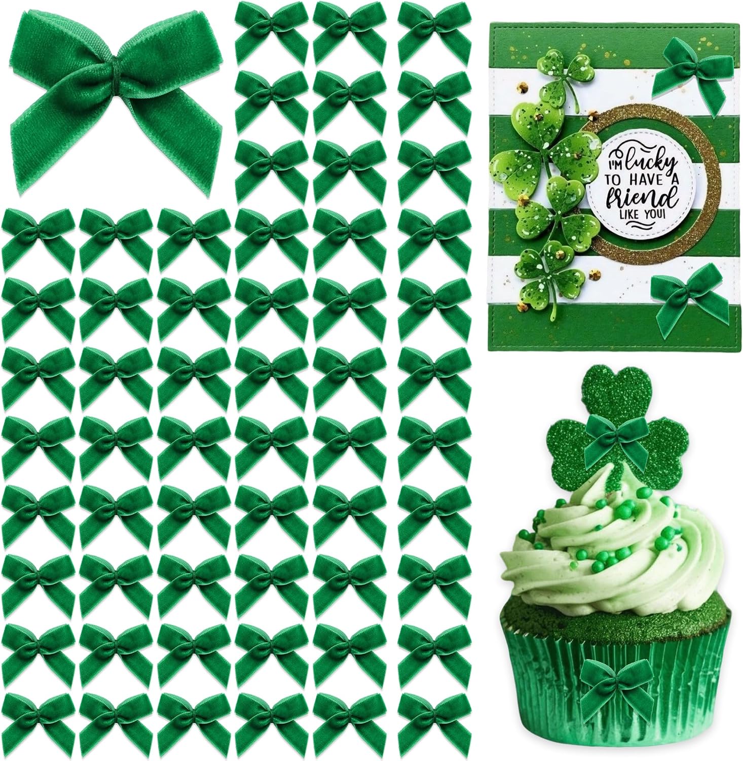 60PCS Mini Green Velet Bow for Crafts Small Xmas Premade Velet Bow