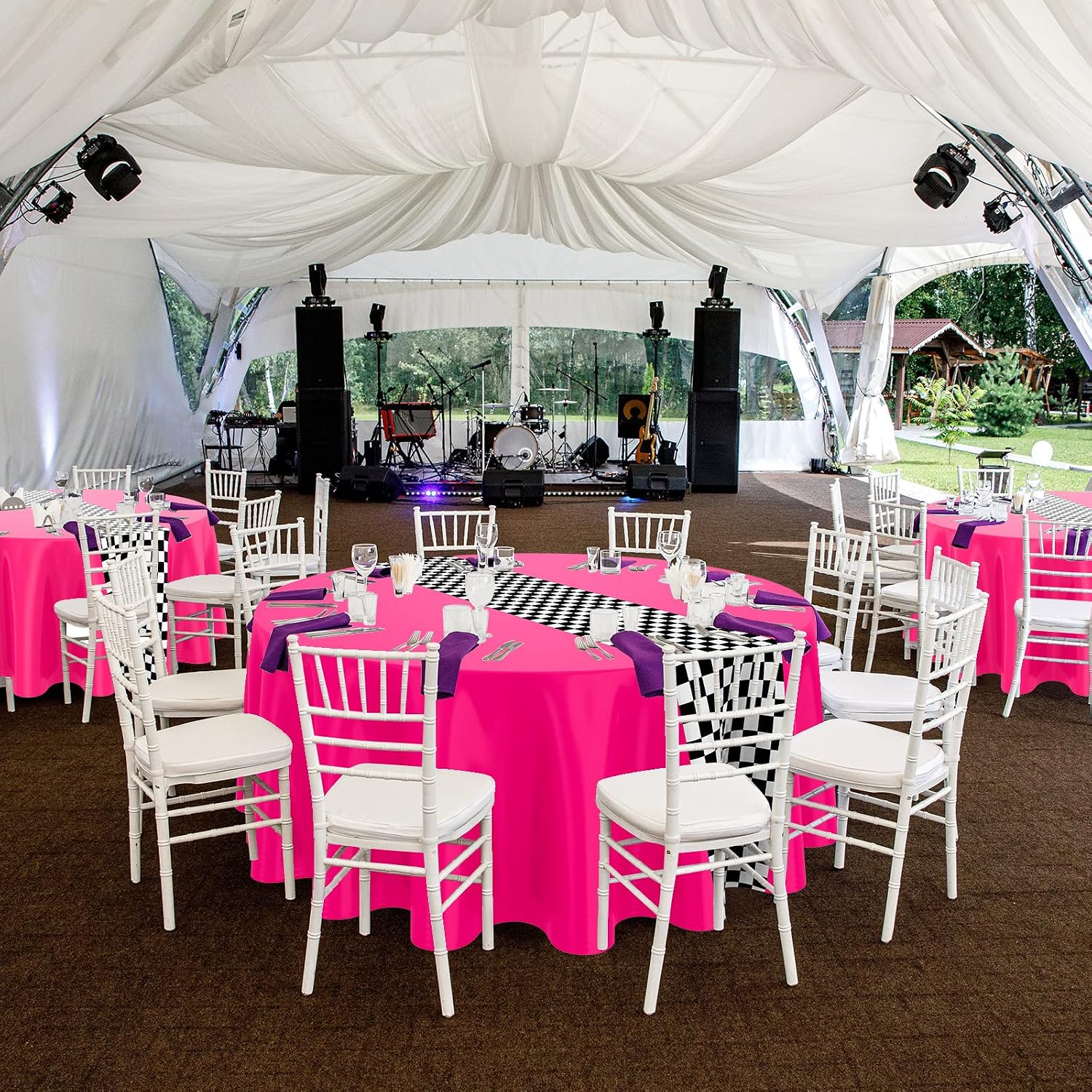 Oudain 3 Pcs Cars Birthday Party Supplies Racing Party Decorations Round Racing Tablecloth Checkered Flag Table Covers Road Plastic Table Cloth, 1950s Disco Dancing Party Tablecloth (Pink)