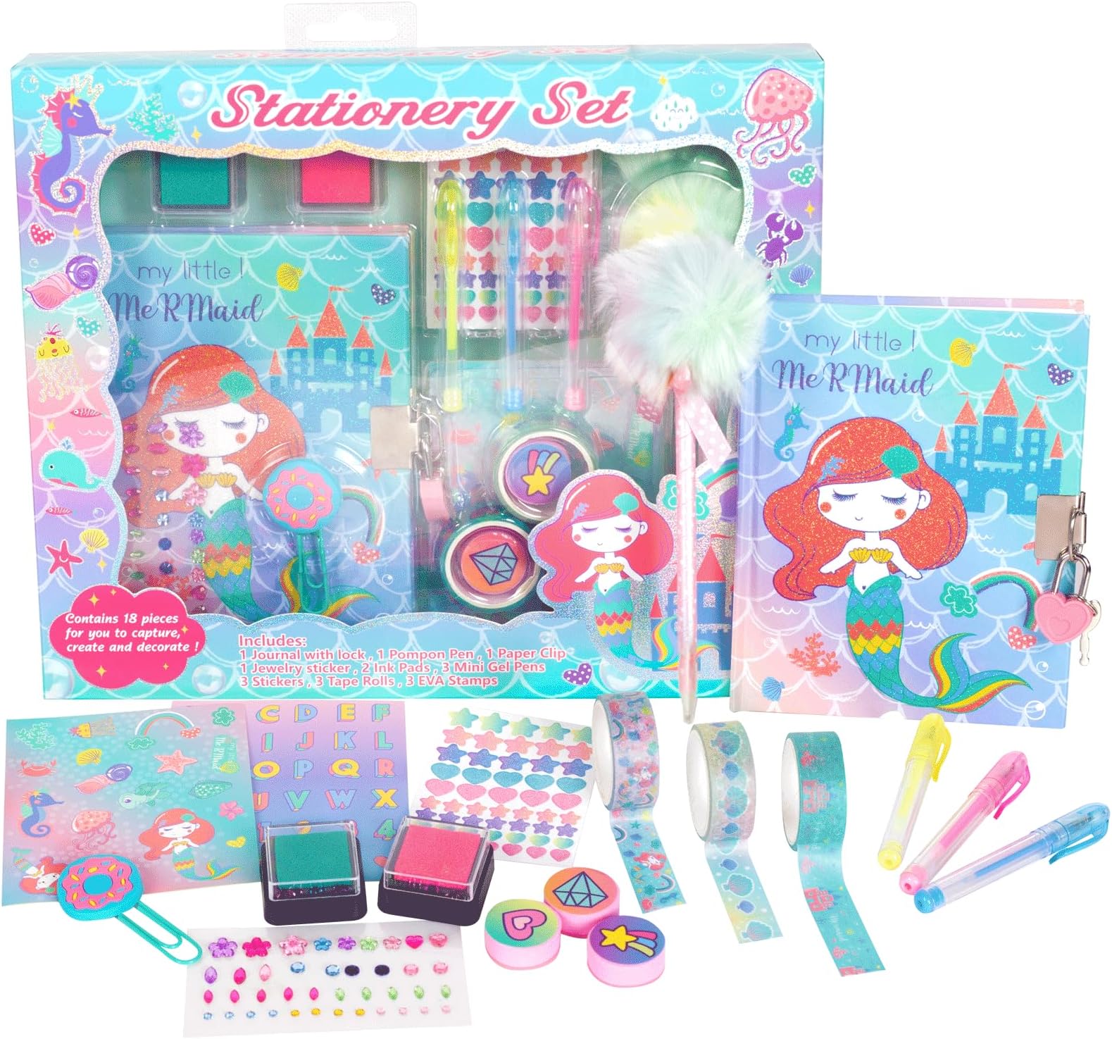 Mermaid Diary for Girls with Lock and Keys, Unicorn Stationery Set with Diary, Stamps, Stickers, Pens, Birthday Gift for Girls Kids Ages 4-12
