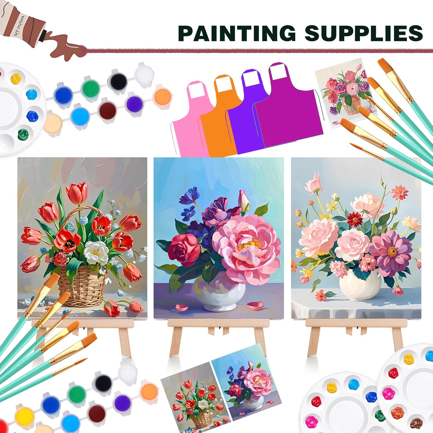 QUANWAISJ 12-Pack 10''x12'' Sip and Paint Kit for Girls' Night, Paint and Sip Kit for Adults,Pre Drawn Canvas to Paint for Adults,Painting Kit,Birthday,Group Activity (Flower)