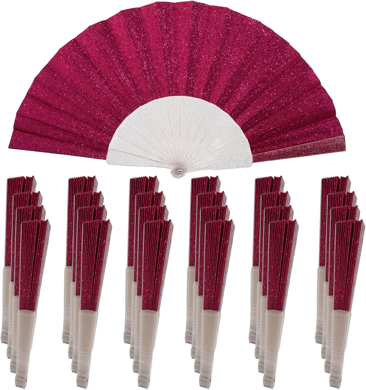 24 Pack Handheld Fan,Folding Hand Glitter fan with Shining Transparent Fan Rib – Ideal for Wedding, Church, Festival, Dance, Tea Party, Club, and EDM Accessories, Deep pink