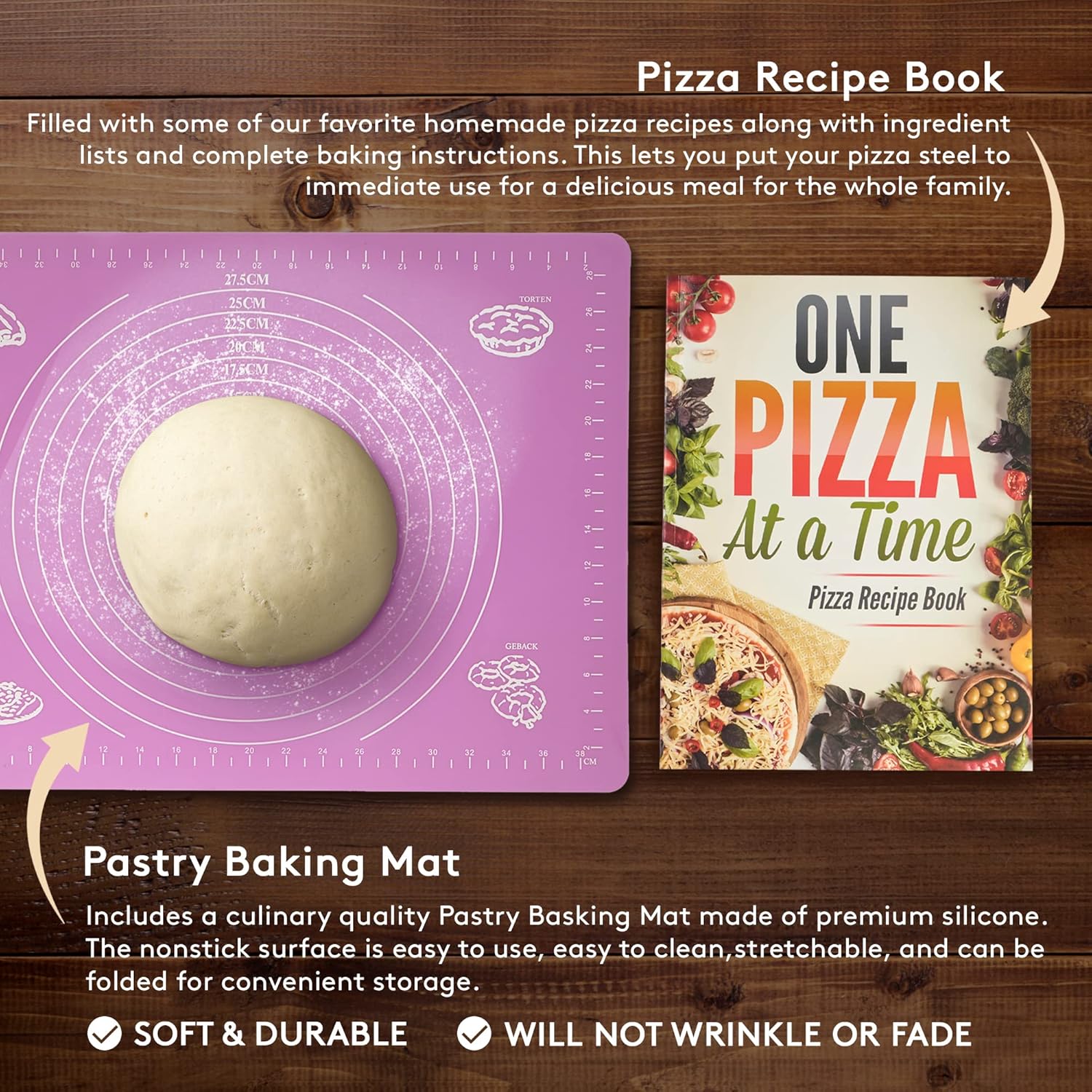 Rectangular Conducting Pizza Steel for Oven, High Performance Steel Pizza Stone with Pizza Recipe book, Felt Storage Bag, Pastry Baking Mat, 2-in-1 Bench Scraper Tool, Crispy Pizza in Just 2-4 Min