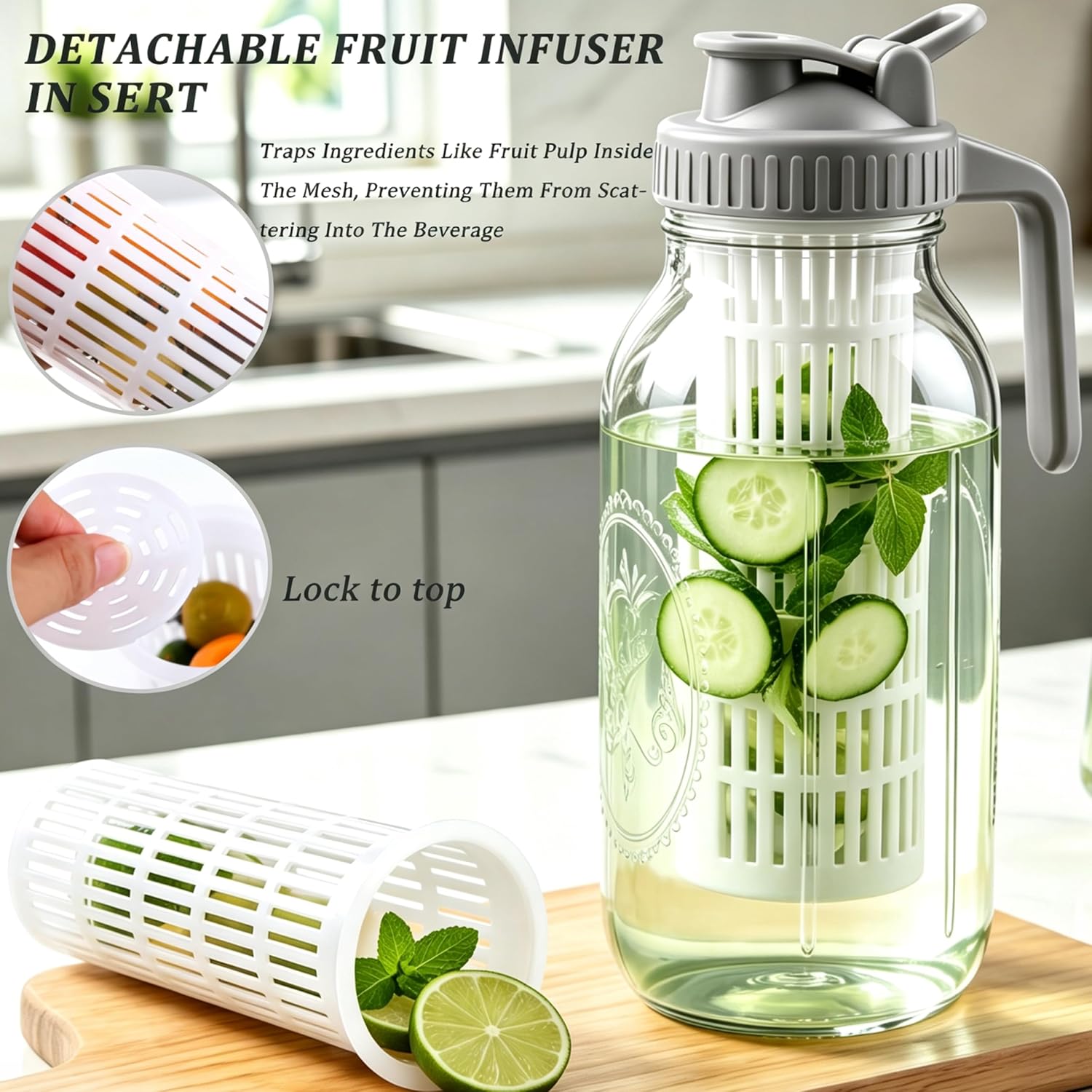 Glass Fruit Infuser Water Pitcher 64 Oz Mason Sun Tea Jar for Fridge