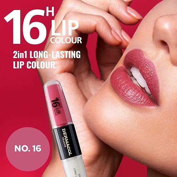 Dermacol 16-Hour Lip Color, Two-Phase Kissproof Lip Stain & Gloss, No.16