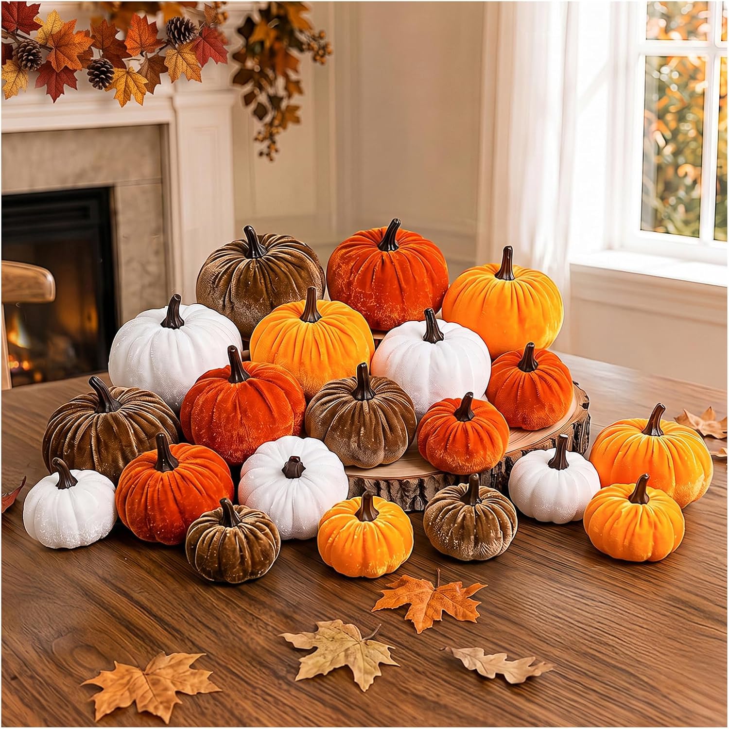 OLANRUN Fall Pumpkin Decor, 20 PCS Fall Decorations for Home Fake Artificial Velvet Pumpkins