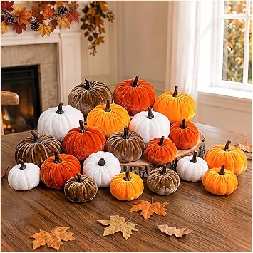 OLANRUN Fall Pumpkin Decor, 20 PCS Fall Decorations for Home Fake Artificial Velvet Pumpkins with 4 Size & Color, Autumn Thanksgiving Decorations for Indoor Table Tiered Tray Mantel Kitchen Office
