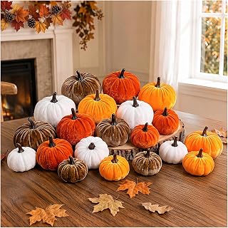 OLANRUN Fall Pumpkin Decor, 20 PCS Fall Decorations for Home Fake Artificial Velvet Pumpkins with 4 Size & Color, Autumn Thanksgiving Decorations for Indoor Table Tiered Tray Mantel Kitchen Office