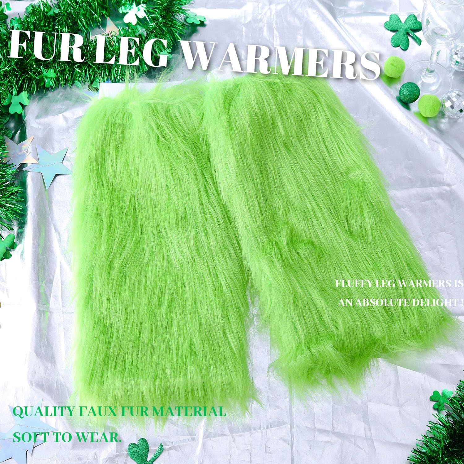Abien St. Patrick's Day Fur Leg Warmers for Women Mardi Gras Long Furry Boots Cuff Cover Green Fuzzy Leg Warmers for Irish Rave Costume Accessories