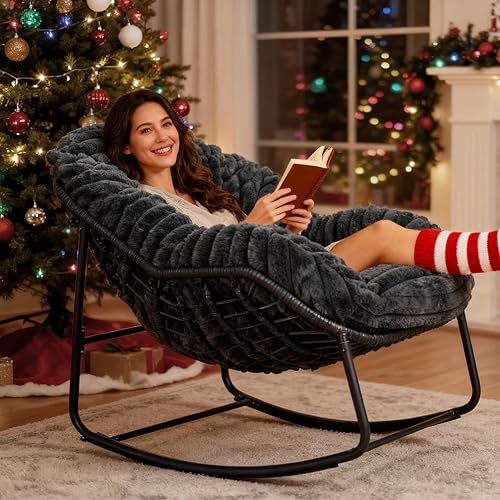 Outdoor Rocking Chair, Patio Wicker Egg Chair, Indoor Comfy Oversized Papasan Chair with Padded Cushion, Royal Rattan Rocker for Front Porch, Garden, Patio (Dark Grey)