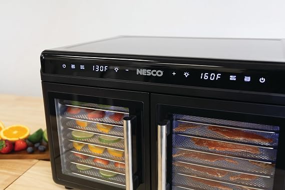 NESCO FD-16DZD Dual-Zone Food Dehydrator 16 Stainless Steel Trays, Independent Temp & Timer, Keep Warm, Inner Light, Jerky, Fruit, Herbs, 1200W