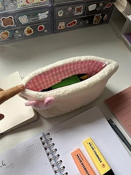 Sevimli Tavşan Peluş Yıkanabilir Fermuarlı Pembe Pötikare Astarlı Bez Kalemlik Kalem Kutusu Büyük Kapasiteli Kalem Çantası