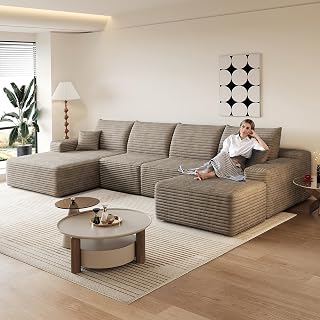 135.4" Comfy U-Shaped Sectional Modern Boneless Corduroy Couch with Chaise and Ottoman - No Assembly Required! Deep-Seat, Upholstered Modular Cloud Sofa for Living Room, Plush Corduroy Fabric 