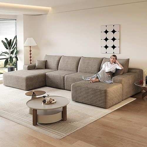135.4" Comfy U-Shaped Sectional Modern Boneless Corduroy Couch with Chaise ‌and Ottoman‌ - No Assembly Required! Deep-Seat, Upholstered Modular Cloud Sofa for Living Room, Plush Corduroy Fabric ﻿
