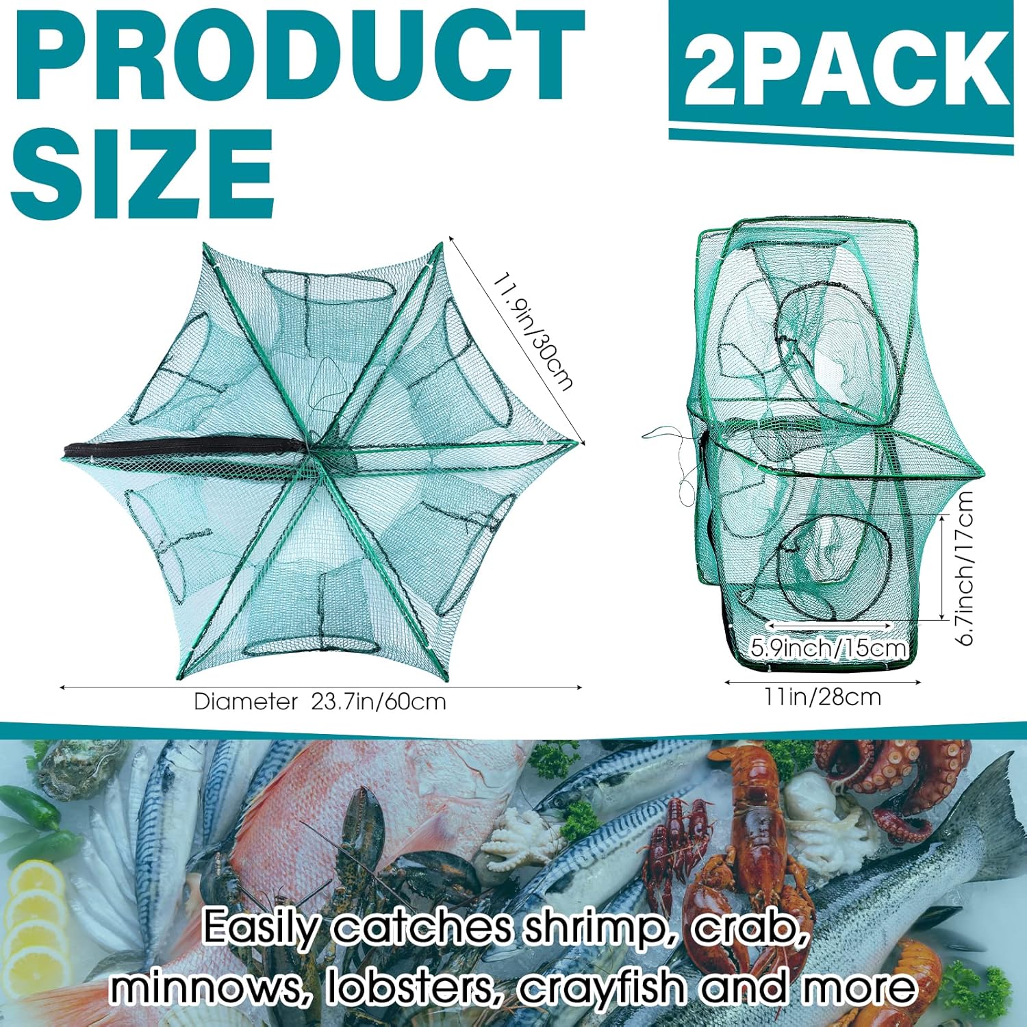 Green and Blue 2 Pcs Foldable Fishing Trap Collapsible Hexagon 6 Hole Fishing Bait Trap Portable Minnow Crayfish Crab Crawdad Shrimp Net Cage Accessories