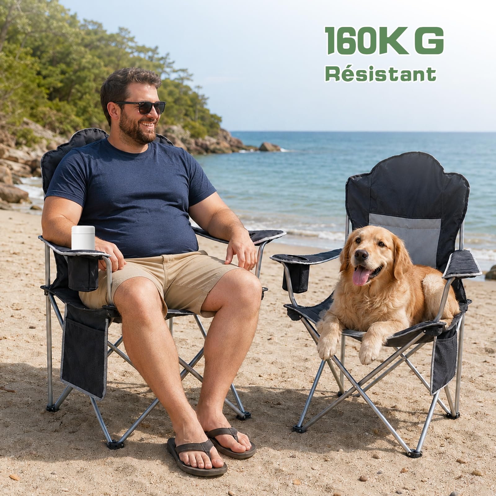 Chaise de Camping Pliable, capacité de Charge 160kg, Dossier Haut, Assise Large, rembourrée de Coton, Chaise de Camping XXL Confortable pour Camping, Festivals, Plage, Jardin et Balcon