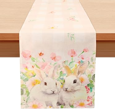 MAIBAOTA Easter Table Runner Easter Decoration for Home Linen Kitchen Dining Table Decoration 13 72 Inches A Pair of Bunnies