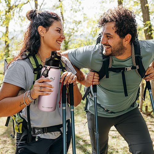 Miniatura 8 de Botellas de agua aisladas NATURE PIONEOR con asa de paracord - Botella de agua deportiva de boca ancha de 32 onzas con 3 tapas, aislada al vacío, a