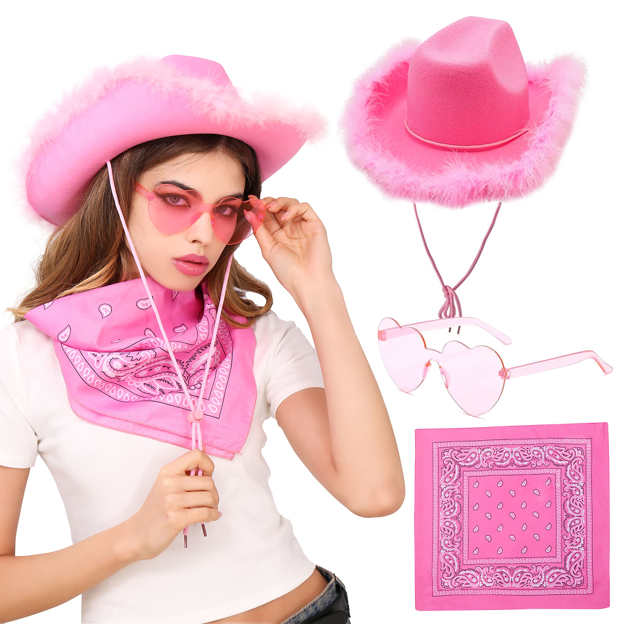 JeVenis Sombrero de Vaquera Sombrero de Vaquero para Mujer Sombrero de Vaquera Occidental Bandana Gafas de Sol Pendientes para Despedida de Soltera cumpleaños