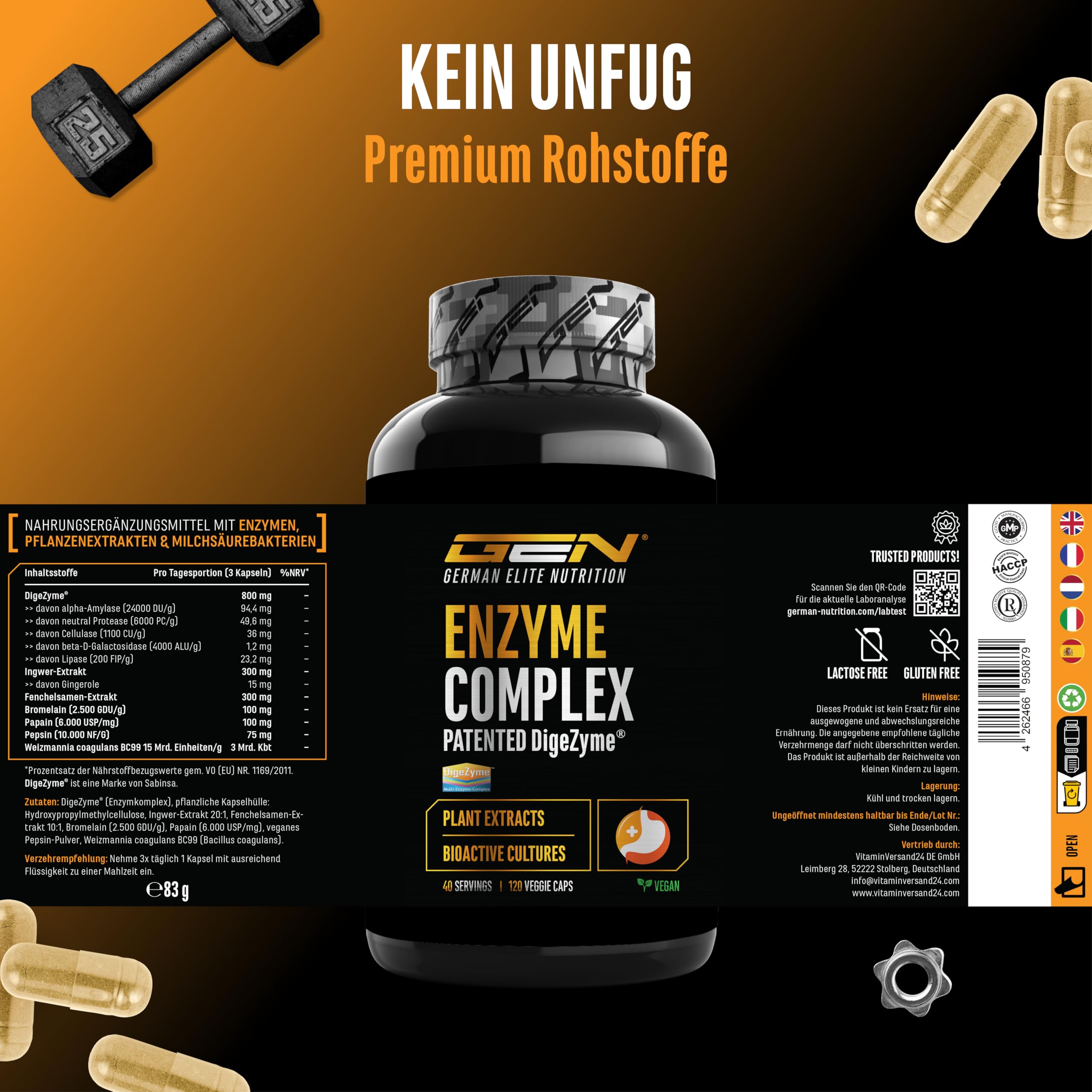 Enzym Komplex - Verdauungsenzyme mit patentierten DigeZyme®, Bromelain, Pepsin, Papain, Pflanzenextrakte & Milchsäurebakterien - Hochdosiert, vegan - 120 Kapseln