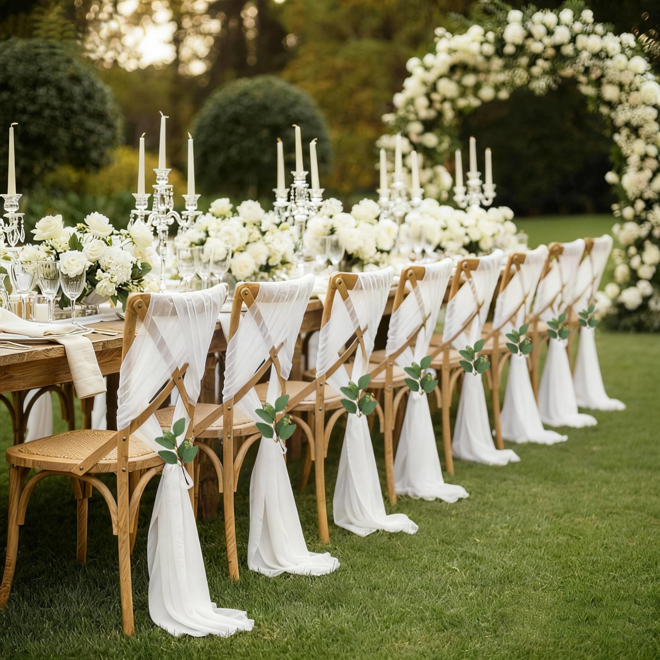 16 Stück Stuhlhussen Hochzeit Weiß 26x240cm – Chiffon Stoff Stuhlschleifen Stuhldeko Tüll Stuhlschärpen Kirche Bankreihe Hochzeit Party