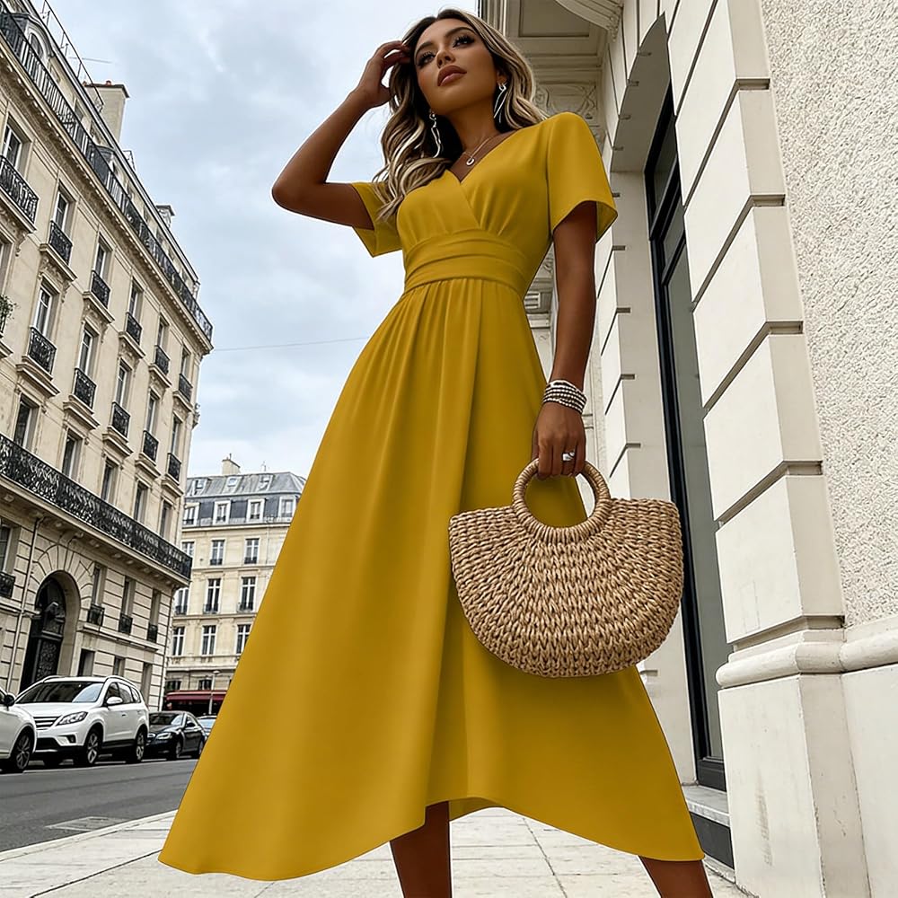 Women's Summer Dresses Beach Vacation V Neck Maxi Dress Trendy Casual Swing Dresses Loose Printed Short Sleeve Dress(1-Black,Small) at Amazon Women's Clothing store