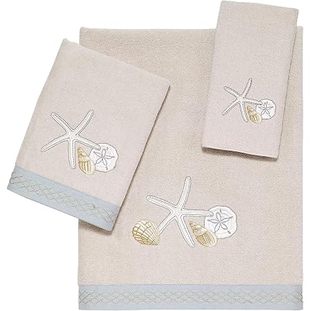 Avanti Linens Sequin Shells Fingertip Towel - Soft Cotton Coastal Bathroom Decor 18x11 Inch