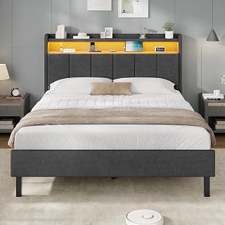 Polsterbett 140x200 mit LED & Ladestation Bett 140×200 mit Stauraum unter dem Bett, Jugendbett Bettgestell mit Lattenrost aus Holz Doppelbett mit Weich Gepolstertem Kopfteil(Dunkelgrau, 140x200cm)