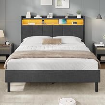 Upholstered Bed 140 x 200 cm with LED & Charging Station Bed 140 x 200 cm with Storage Space Under Bed, Youth Bed Frame with Wooden Slatted Frame, Double Bed with Soft Padded Headboard (Dark Grey, 140