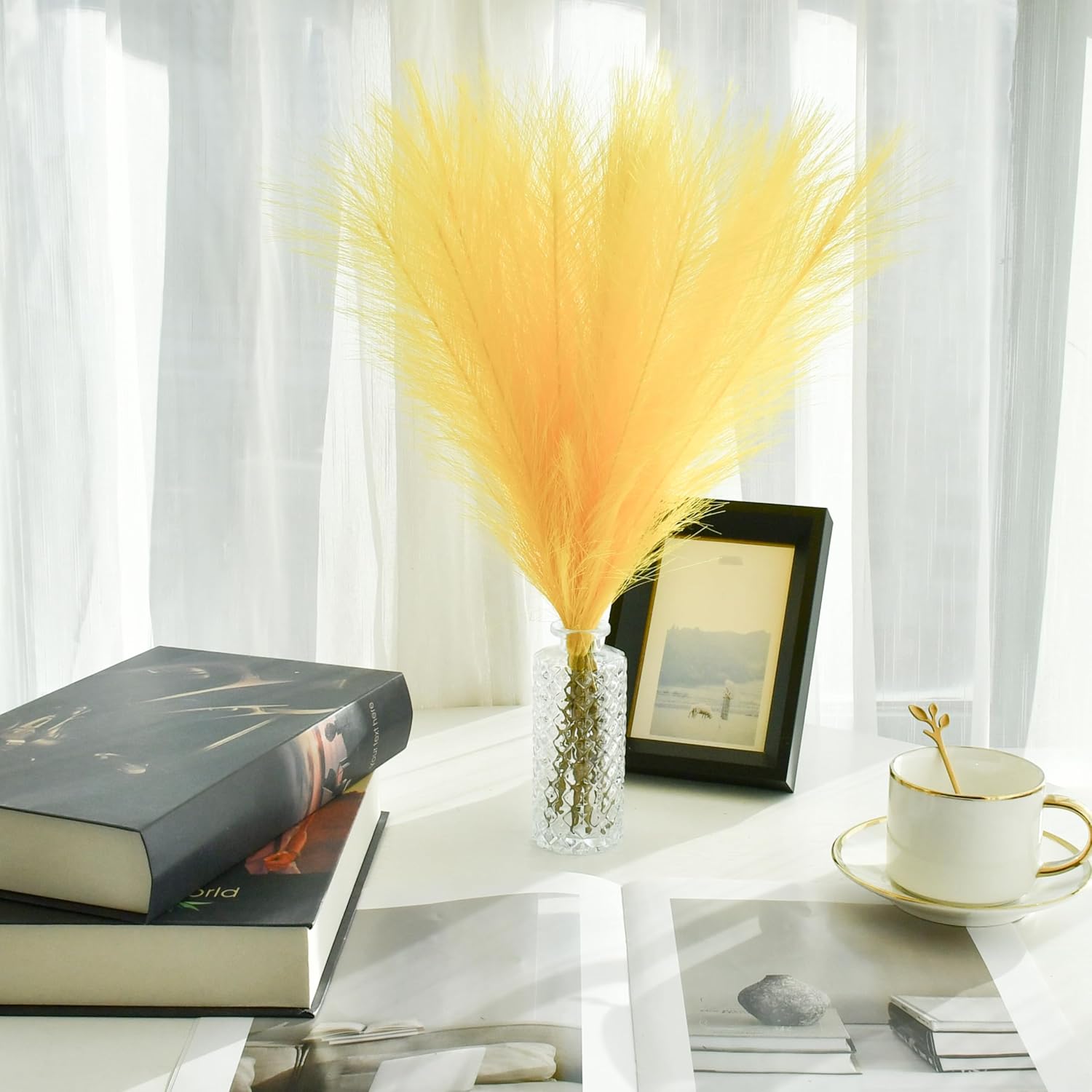 Mandy's Yellow Silk Pampas Grass Bouquet 20 Stems 17.7in Fluffy Artificial Pampas with Bendable Stems for Valentine's Day and Easter Decorations Wedding Centerpiece Home Boho Décor thumbnail