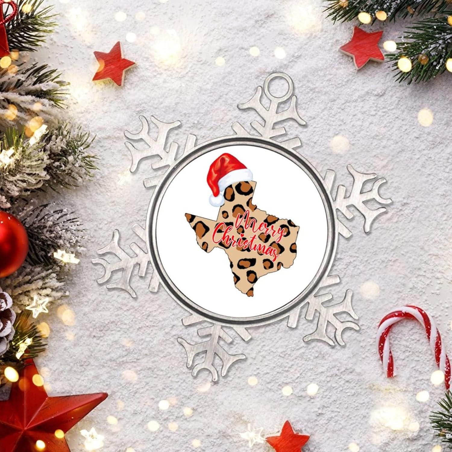 Snowflake Ornaments Texas Home State Personalized Christmas Ornaments 2022 Leopard Print Map Christmas Hat Ornaments for Christmas Trees Metal Souvenir Xmas Tree Hang Pendant Exchange Gift 3 Inch