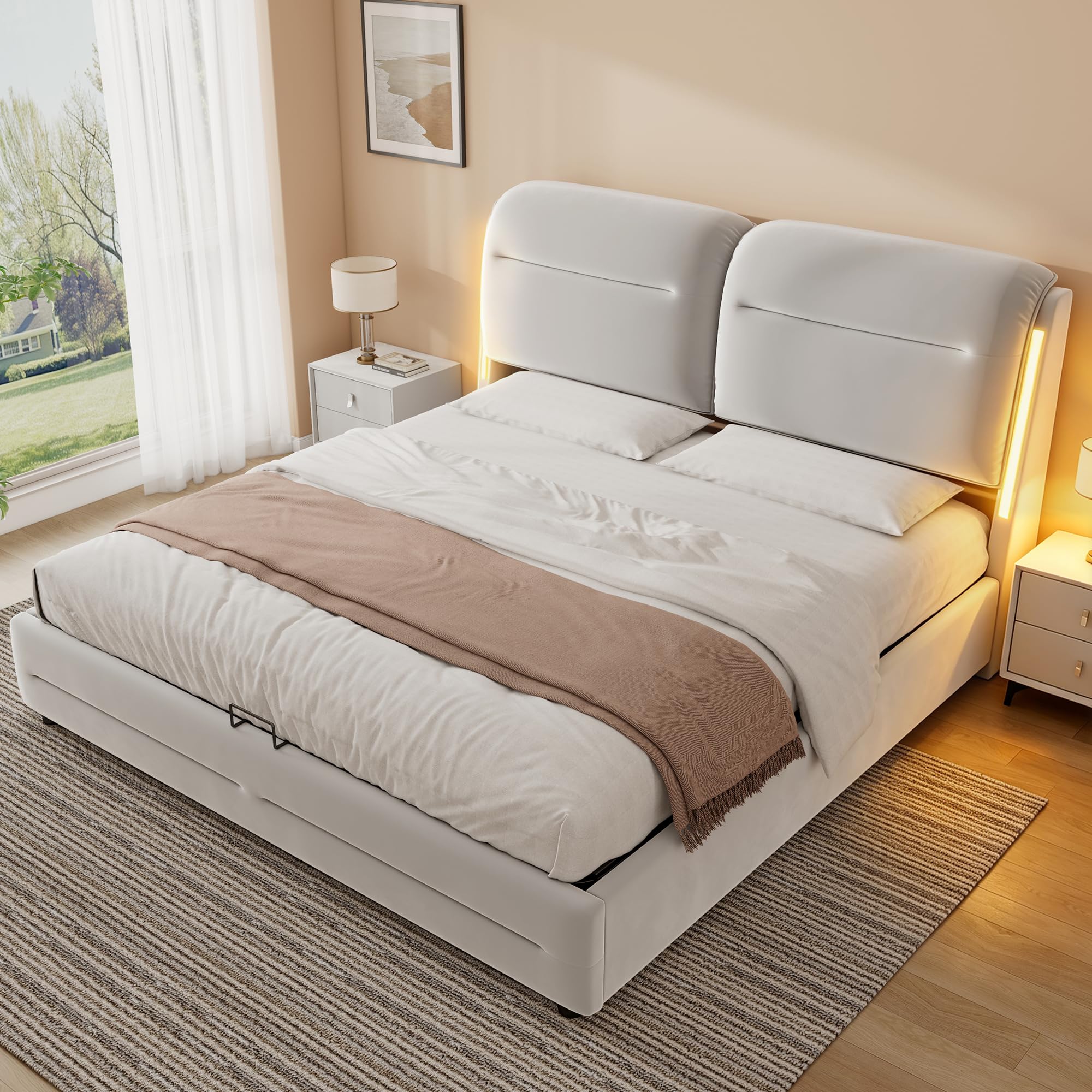 Struttura Letto Matrimoniale con Contenitore, Letto 180x200 con Illuminazione LED, Letto Contenitore Matrimoniale con Testiera Imbottita, Letti Idraulico, Velluto, Beige, Senza materasso