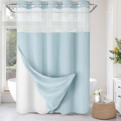 Miniatura 10 de Juego de cortina de ducha y forro sin gancho, cortina de ducha blanca de punto gofre con forro de 75 pulgadas de largo x 72 pulgadas de ancho Blanco