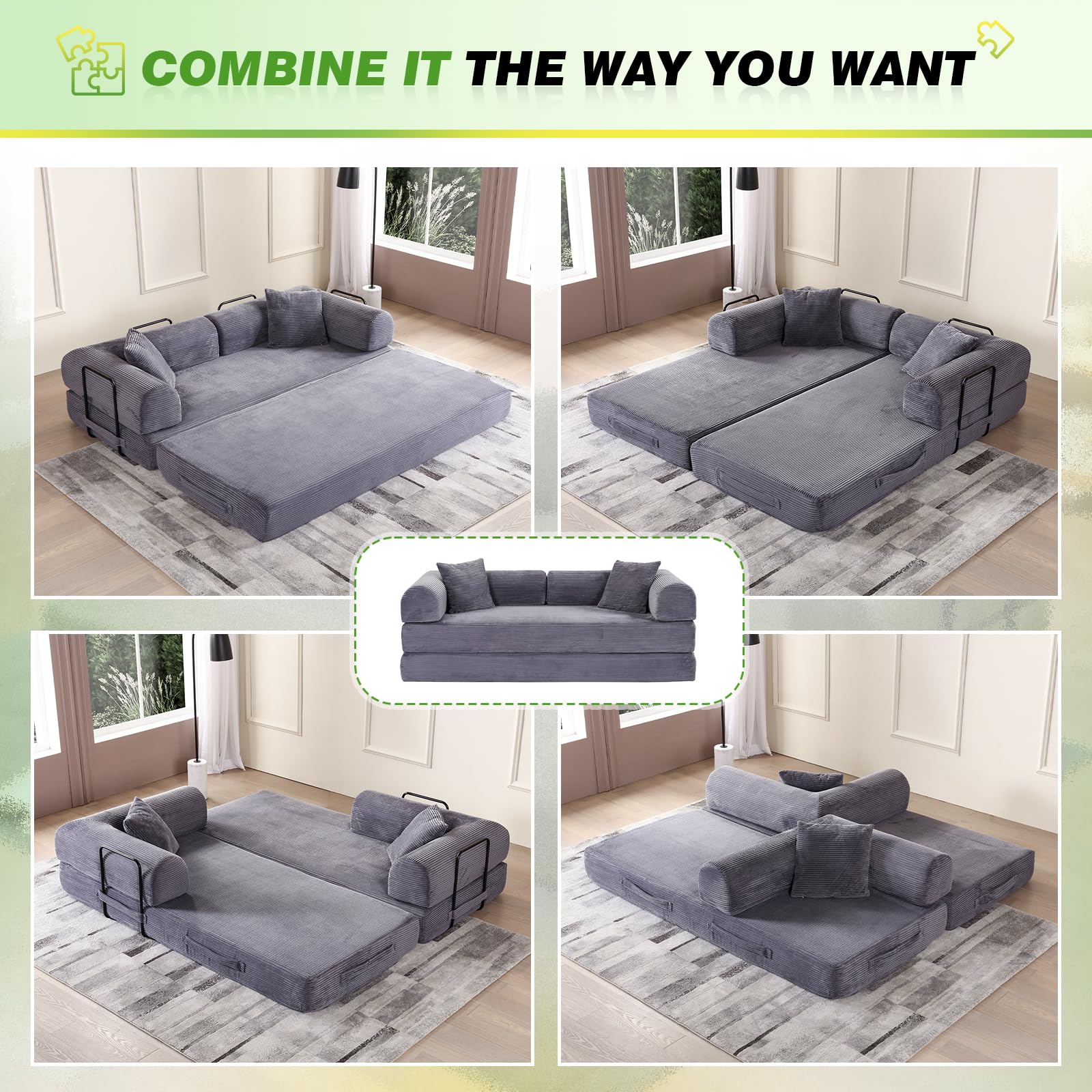 Convertible Sofa Bed 77.9-inch , Corduroy Loveseat Sleeper To Queen Bed ...