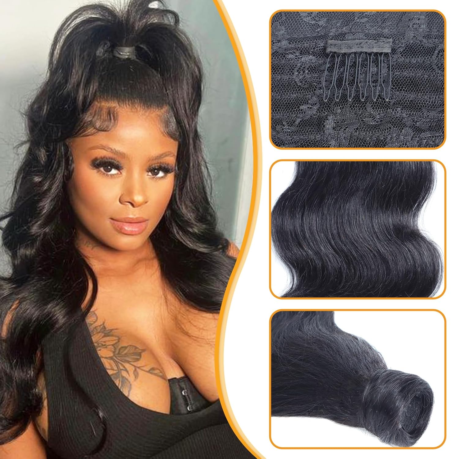 Body Wave Ponytail Extension Human Hair Wrap Around Magic Paste Ponytail Clip In Real Brazilian Virgin Human Hair pieces For Black Women Natural Black (Body Wave Ponytail, 20 Inch)