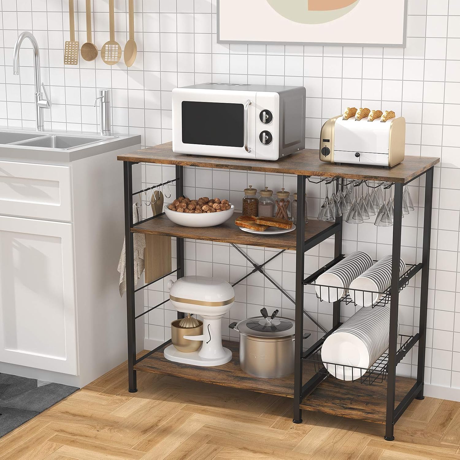 Ecoprsio Bakers Rack, 35.5 Inch Coffee Bar Cabinet with Wine Glass Holder, 4-Tier+3-Tier Microwave Stands Storage, Utility Kitchen Island Rack with 5 Hooks, Rustic Brown