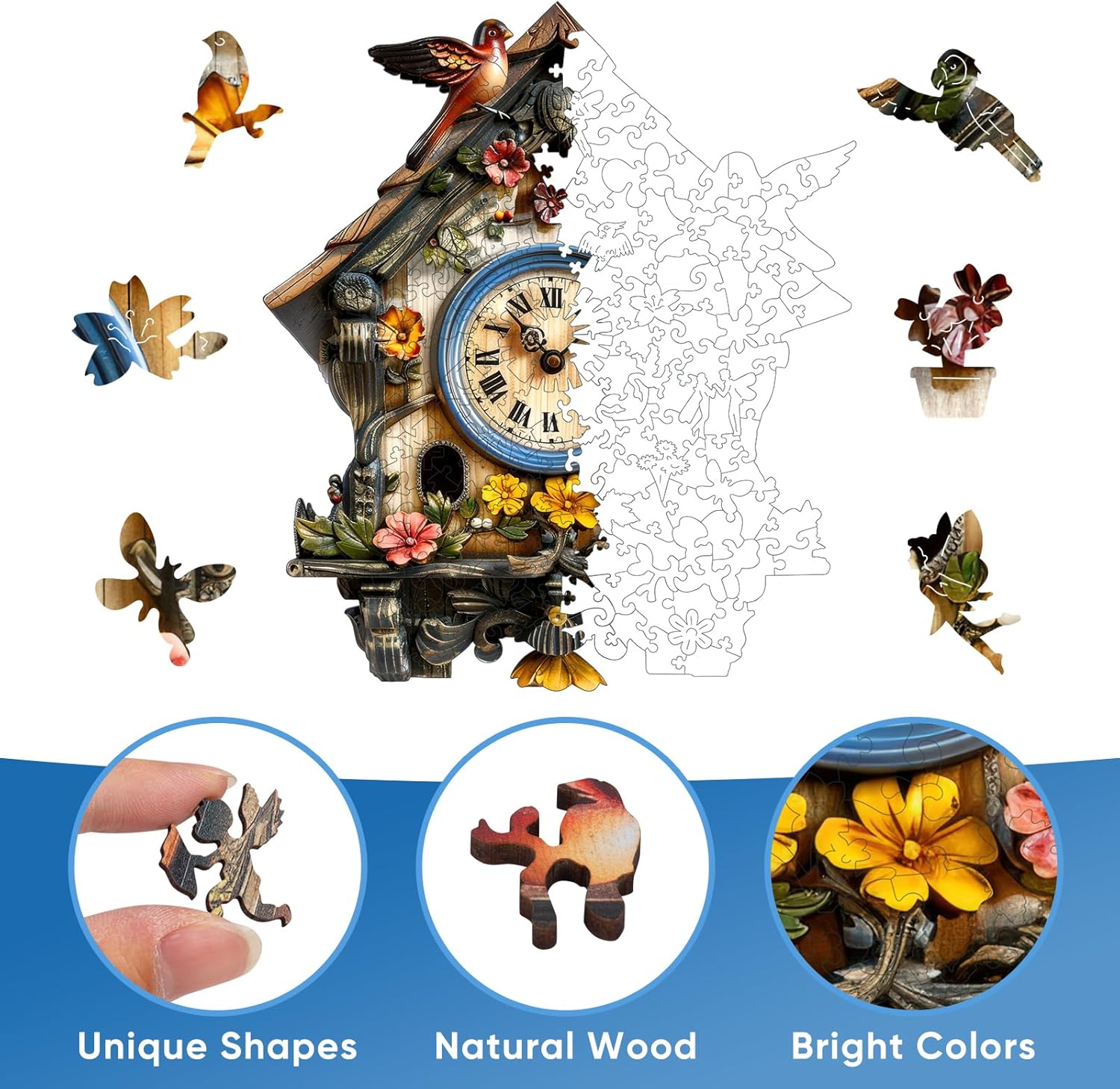 Pikoqunc Mothers Day Wooden Jigsaw Puzzles, Clock House Wooden Puzzles for Adults 200 Pieces with Birds, Unique Vintage Wood Puzzle for Home Décor, Perfect, 9.8’’ x 11.4’’ Family Game