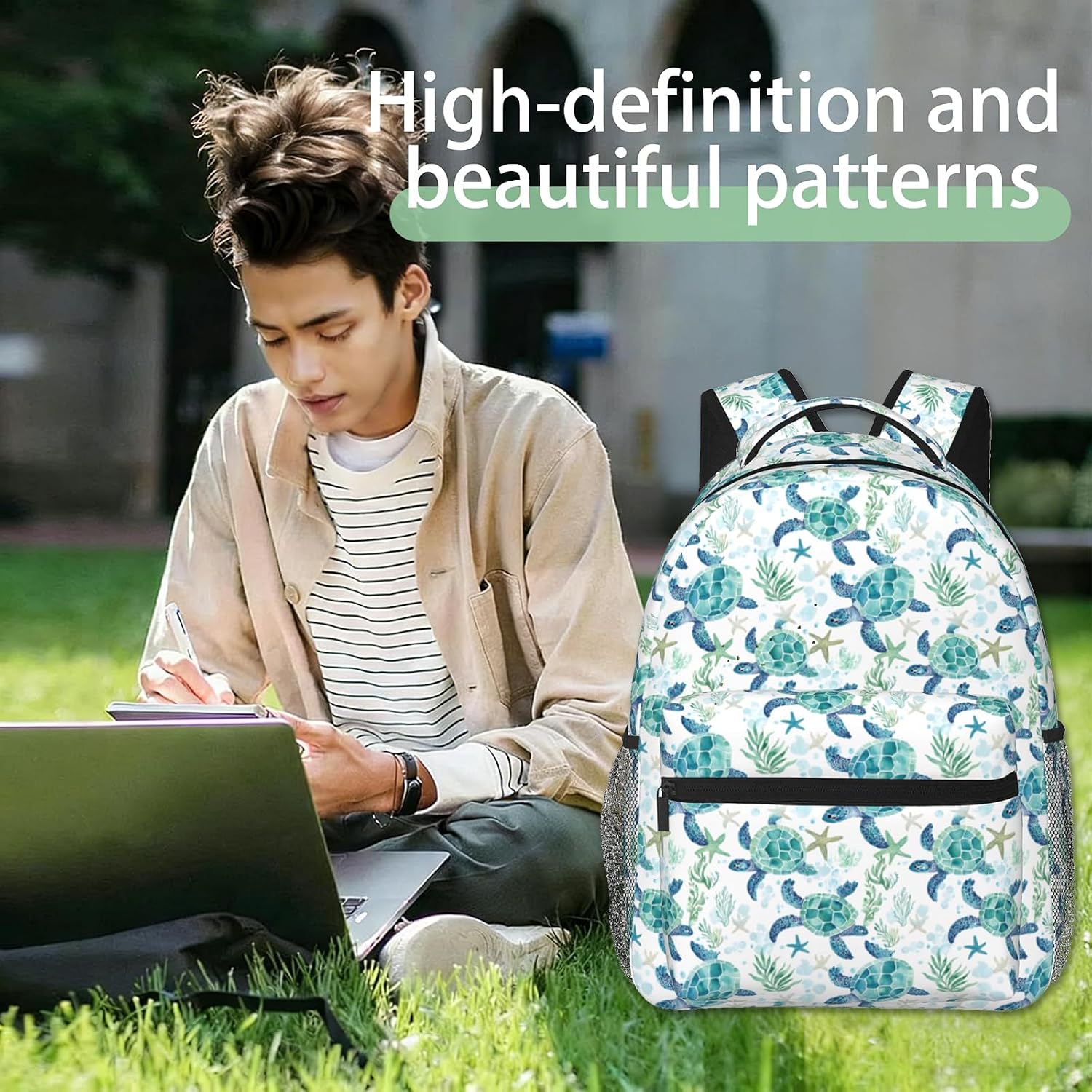 Funny Sea Turtle Backpack, Marine Life Polyester Backpacks with Straps, 11.4inx5.9inx15.7in, Multi-Pocket Storage Bookbag, Ideal For School Work Travel Hiking Camping, Boys Ocean Lovers Gifts