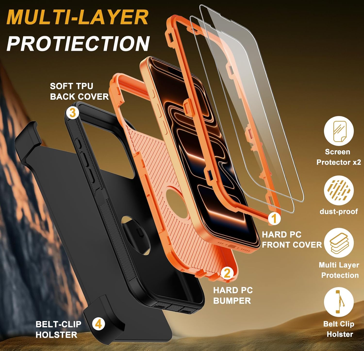 for iPhone 17 Pro Max Case with Belt-Clip Holster, Military Grade Shockproof Phone Cover with 2 Screen Protector & Kickstand, Full Body Protective Case for iPhone 17 Pro Max (Orange)